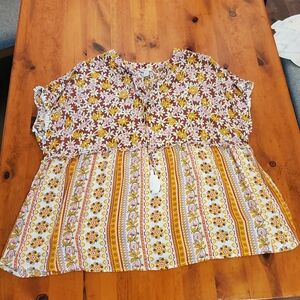 Cato Floral Short Sleeve Top Size 14/16W Two Patterns Brown Pink Orange Yellow